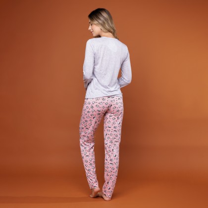 Pijama Longo Cinza Com Gatos