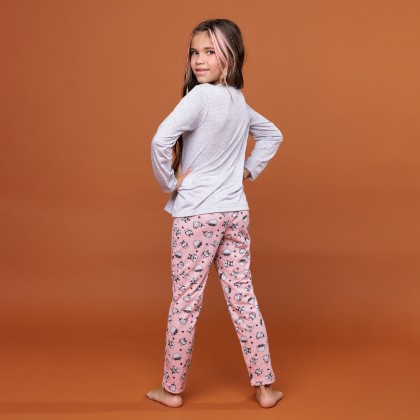 Pijama Longo Cinza Com Gatos Juvenil