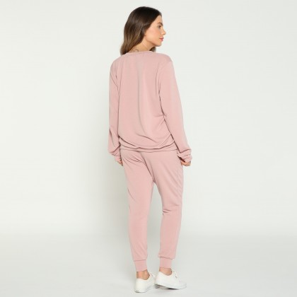 Pijama Manga Longa Rosa Argila Com Punho