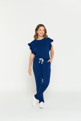 Pijama Longo Azul Bic Manga Curta Babado
