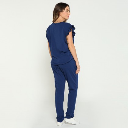 Pijama Longo Azul Bic Manga Curta Babado