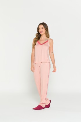 Pijama Longo Alça Fina Rosa