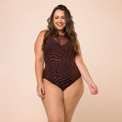 Body De Tule Estampado Preto e Marrom E002