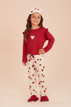 Pijama Longo Infantil Corações Vinho