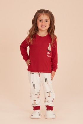 Pijama Longo Detalhes em Ribana Infantil Bordo