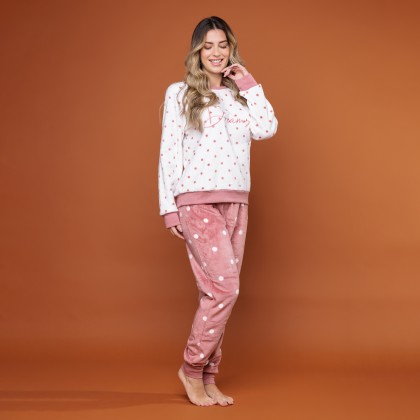 Pijama Fleece Manga Longa Poá