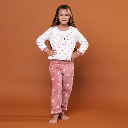 Pijama Infantil Fleece Manga Longa Poá