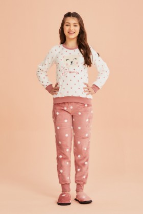 Pijama Juvenil Fleece Manga Longa Poá