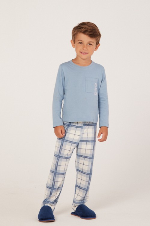 Pijama Longo Infantil Xadrez Azul Claro