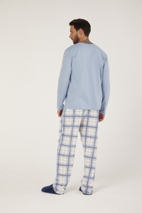 Pijama Longo Manga Comprida Calça Xadrez Azul Claro