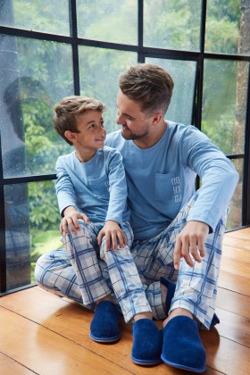 Pijama Longo Manga Comprida Calça Xadrez Azul Claro