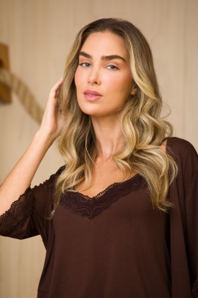 Robe Detalhes Em Renda Marrom