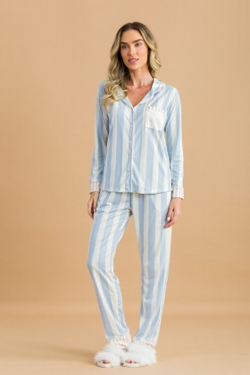 Pijama Camisaria Longo Listrado
