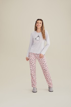 Pijama Longo Cinza Com Gatos