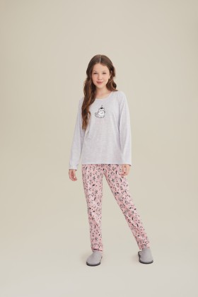 Pijama Longo Cinza Com Gatos Juvenil