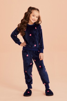 Pijama Infantil Fleece Manga Longa Coração