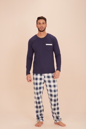 Pijama Longo Manga Comprida Calça Xadrez Azul Marinho